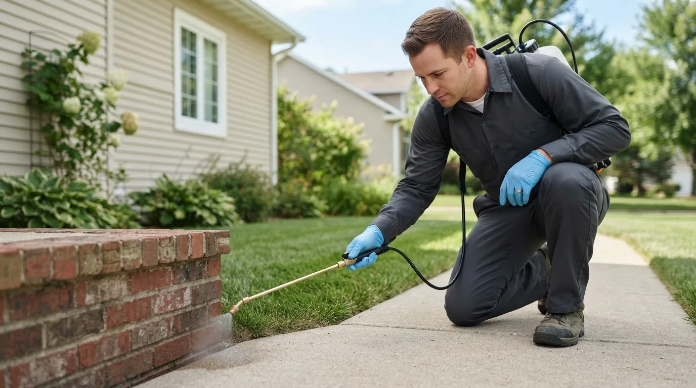 Pest control technician treating a home near Armstrong Creek, WI