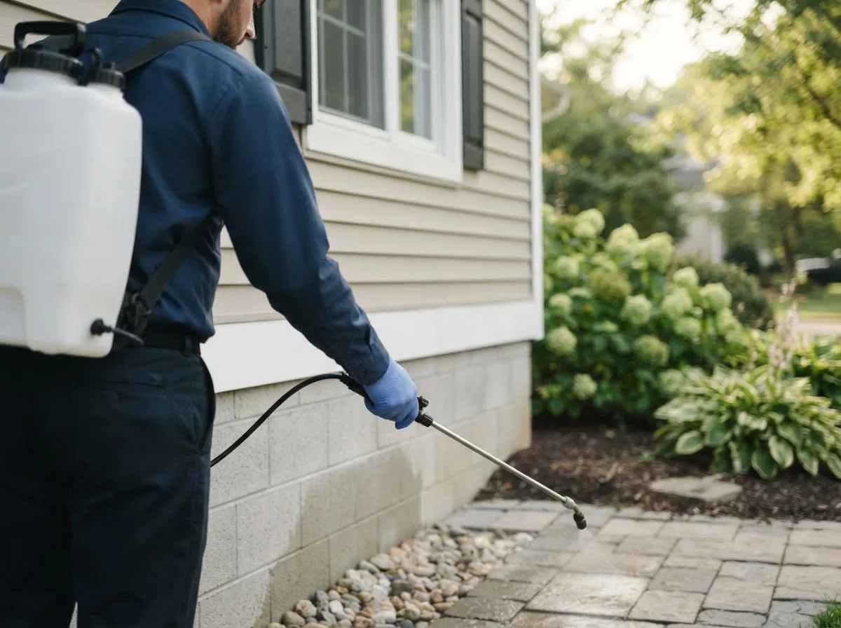 Pest control technician inspecting a home in Armstrong Creek, WI